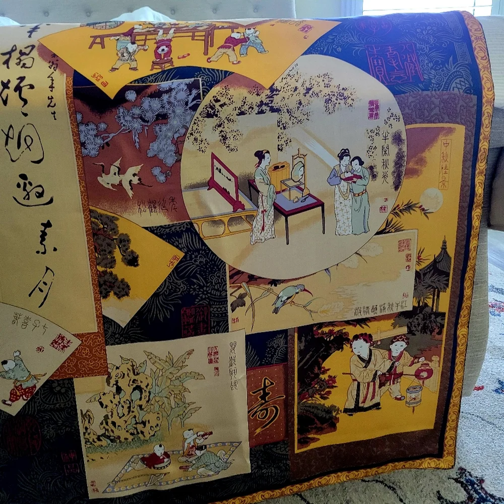 Large 38x39 Inch vintage Silk Scarf Wrap in Gold & Navy with Asian Motif